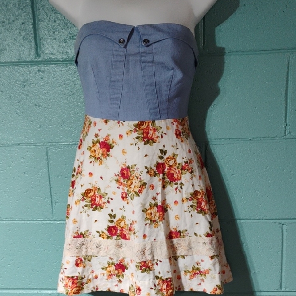 Classic Strapless Denim and Floral Party Dress